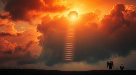 A dreamlike and peaceful scene unfolds with steps of light ascending into a cloudy sky, observed by angelic figures on the ho