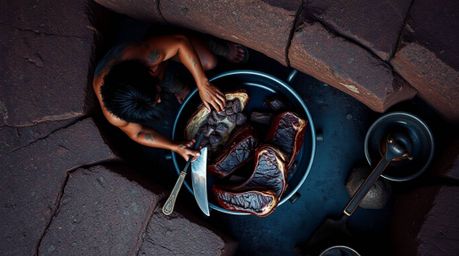 This artwork presents an overhead, bird's-eye view of a caveman skillfully cooking mammoth meat. Rendered in a sophisticated 