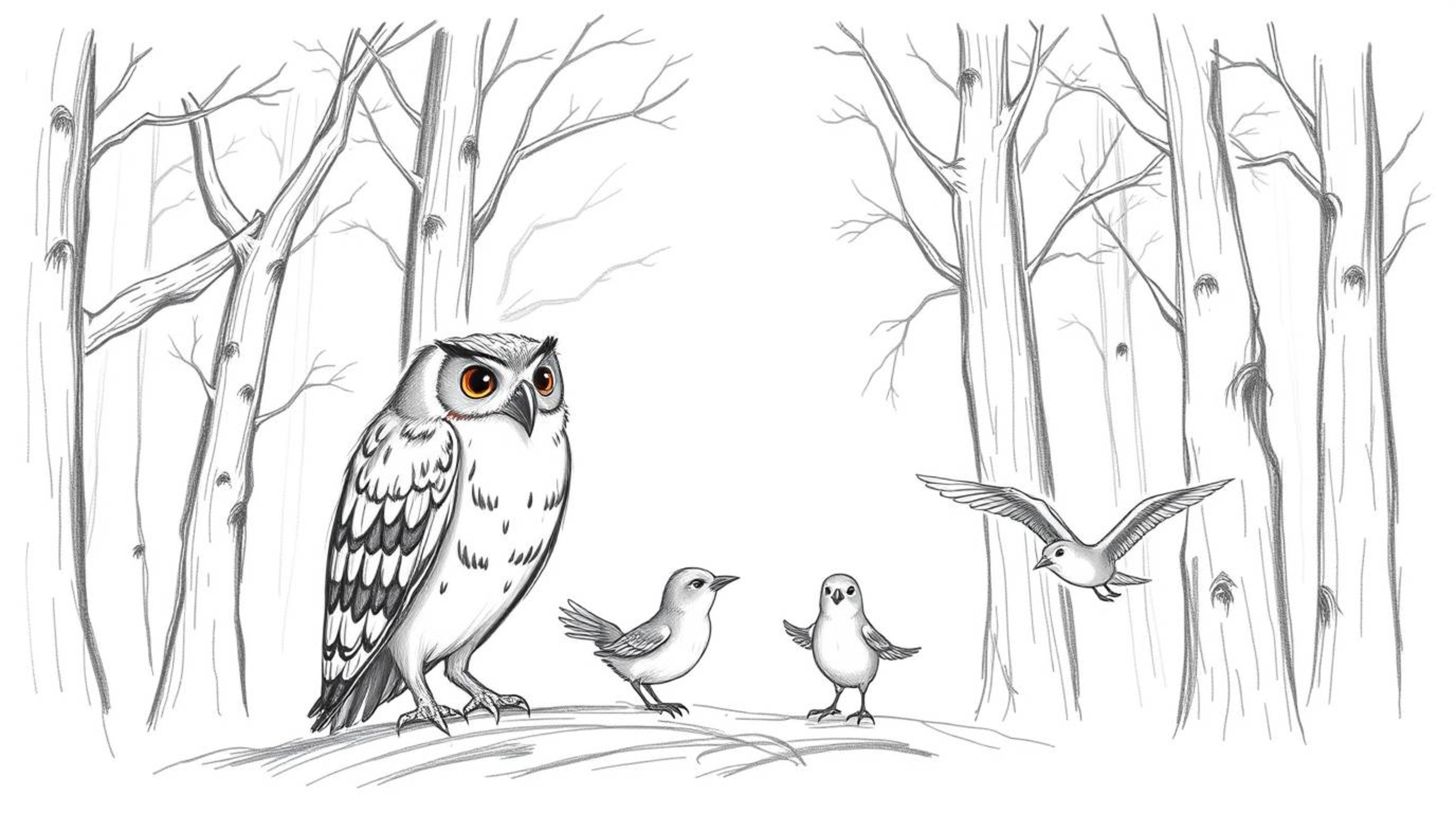 A heartwarming hand-drawn sketch in the style of Pixar depicts a wise, blind owl guiding fledgling birds through flight train