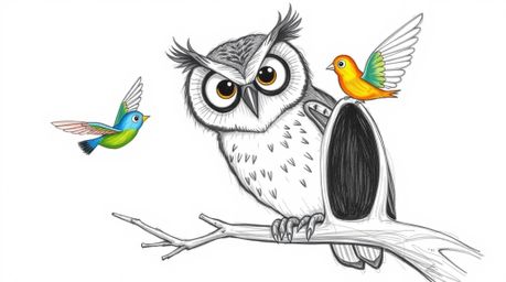 A hand-drawn, Pixar-inspired sketch depicts a blind owl with large, expressive eyes teaching colorful birds how to fly. The o