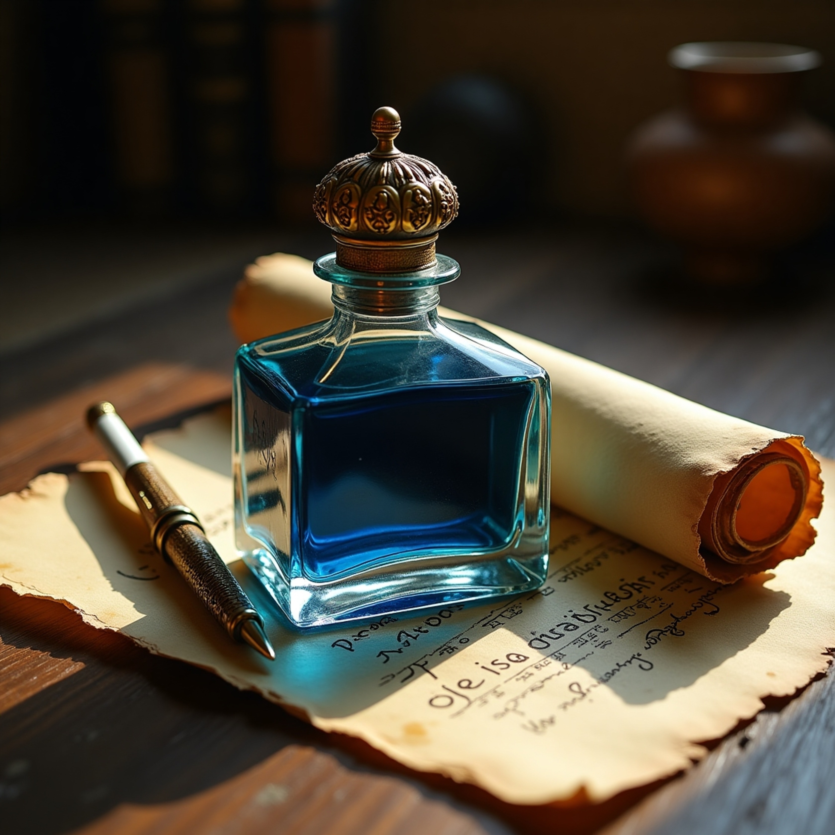A captivating still life featuring a meticulously detailed, ornate glass bottle brimming with deep-blue, shimmering ink.  Bes