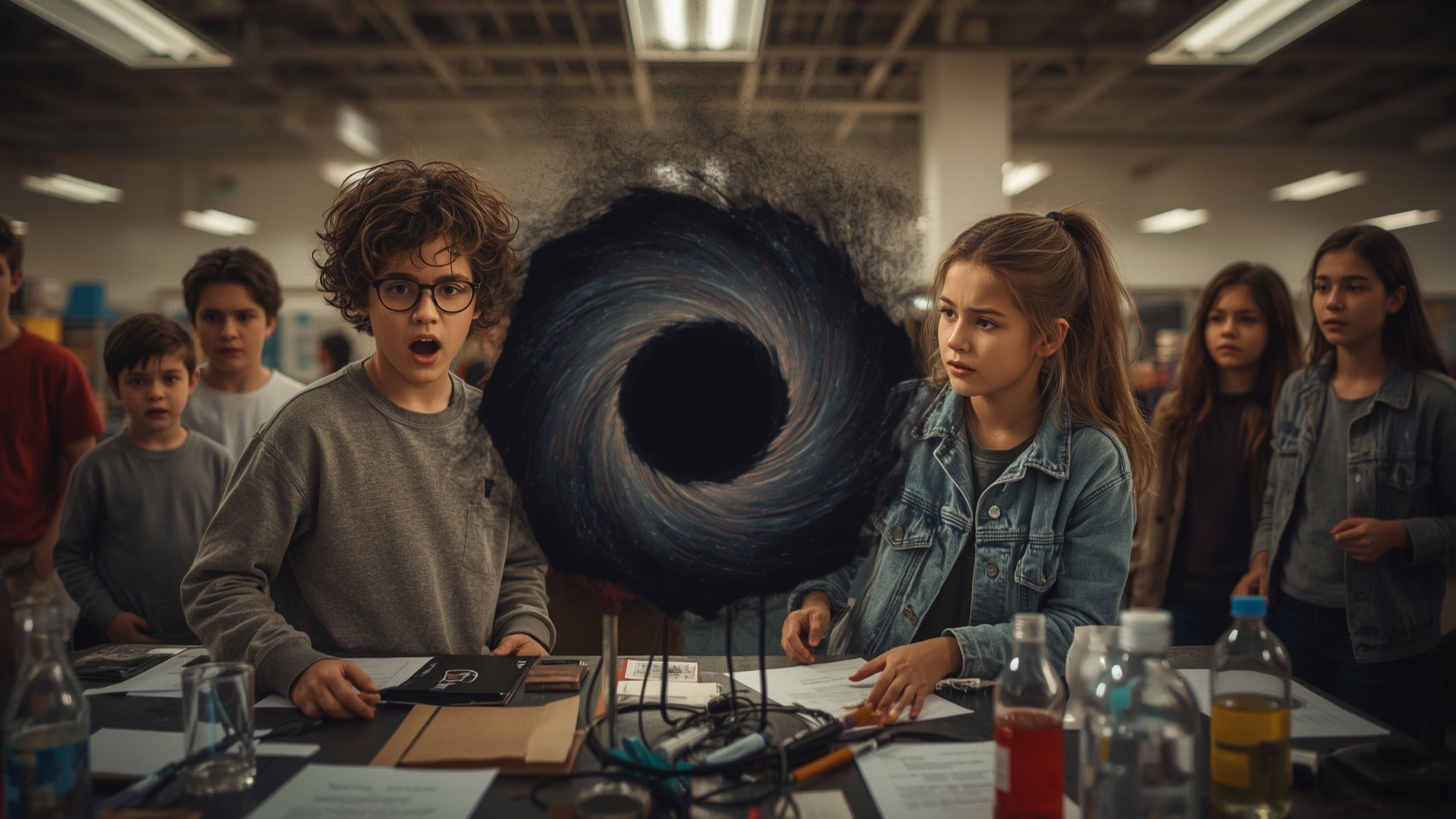 A dramatic, high-contrast photograph captures two ecstatic science fair participants, a bespectacled boy with curly brown hai