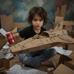 Exquisite high-fashion photography captures a young boy with messy brown hair and curious eyes, building a remarkably functio