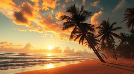 Experience a breathtaking, grand-scale depiction of a futuristic tropical beach sunset.  Swaying palm trees, dramatic lightin
