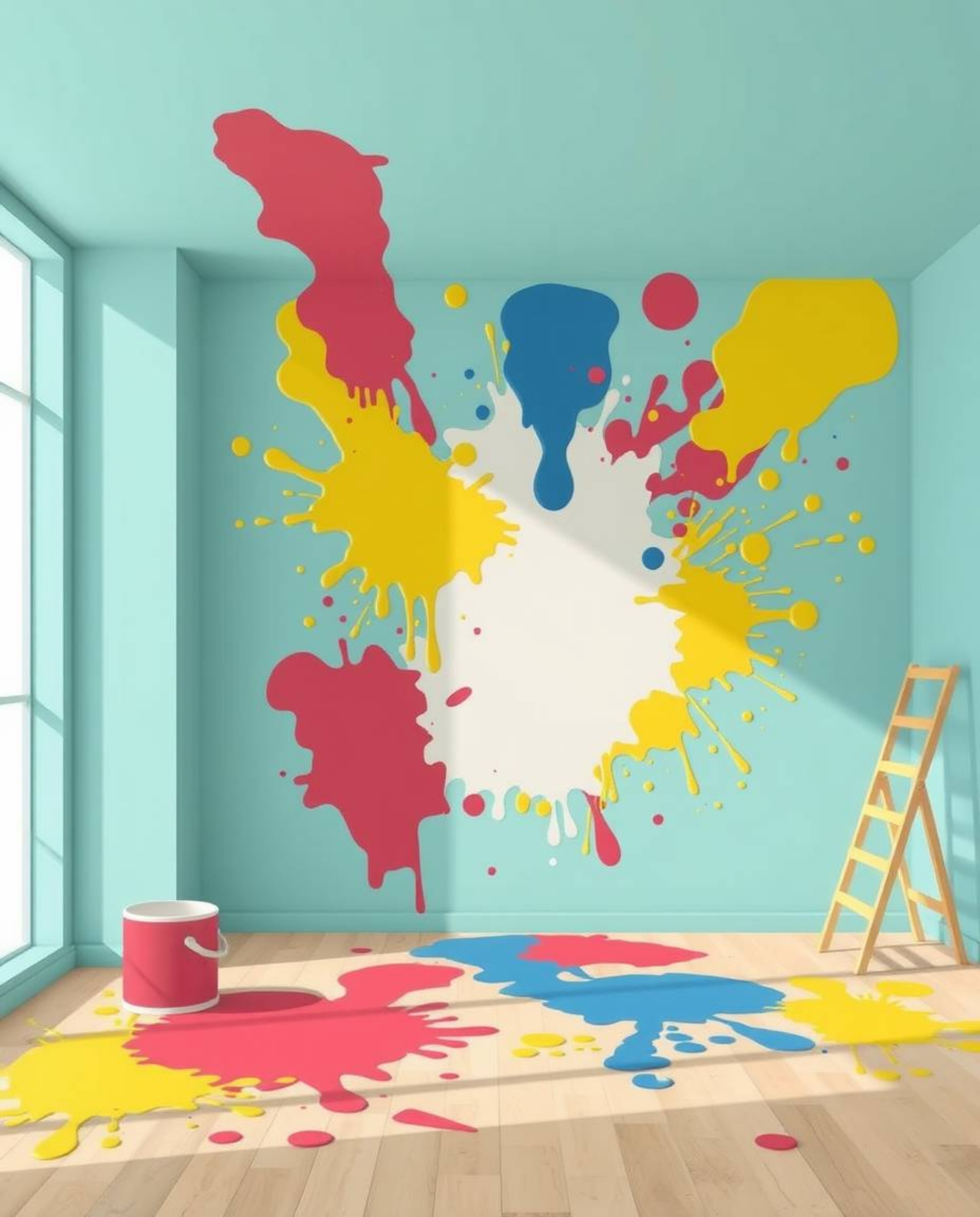A visually striking image depicting a room dramatically exploding with paint, rendered in a contemporary flat design style. T