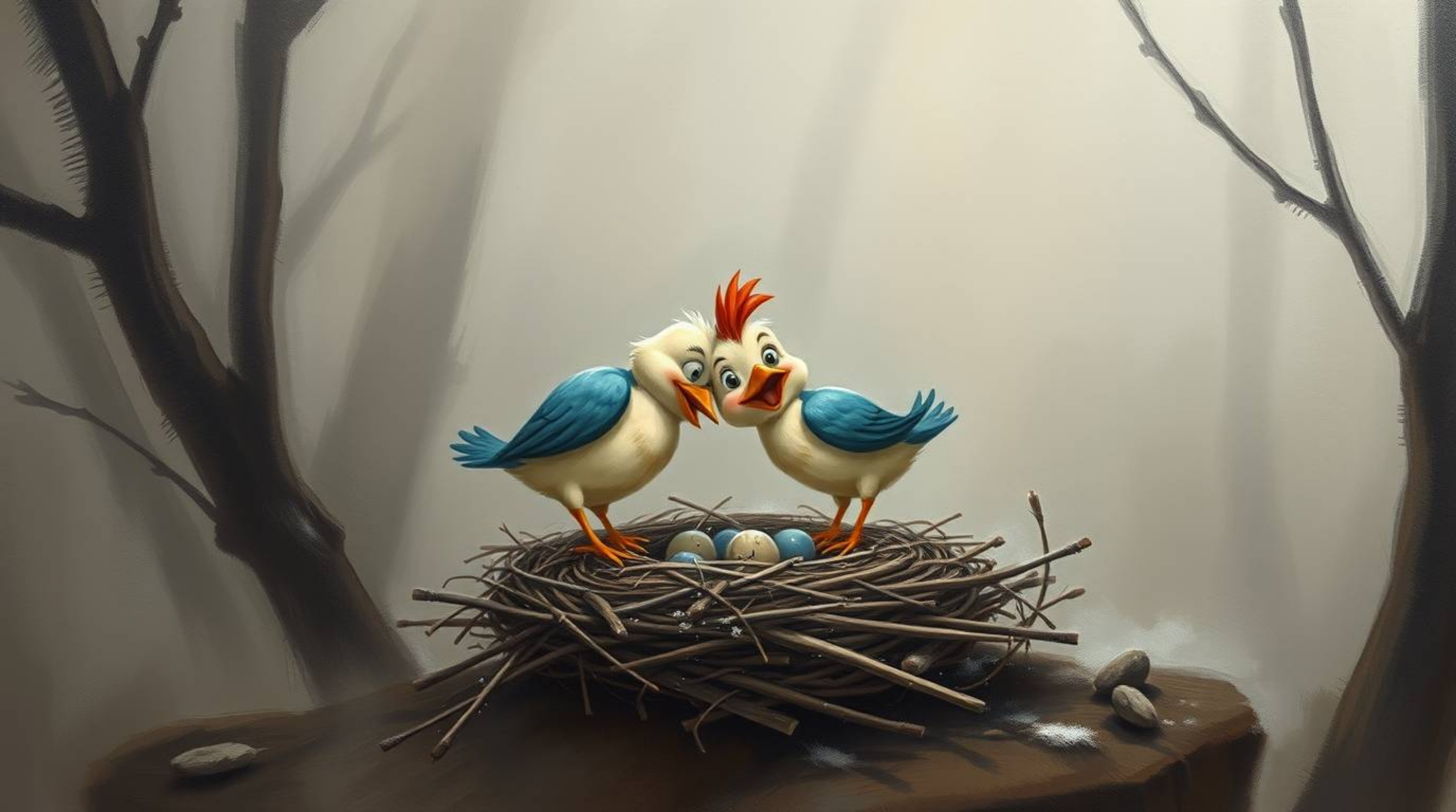 A captivating oil painting depicts two cartoon birds diligently constructing a nest in a charming classic animation style.  T