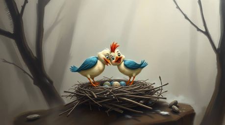A captivating oil painting depicts two cartoon birds diligently constructing a nest in a charming classic animation style. T
