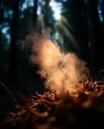 This image showcases an extreme macro close-up photograph of a natural forest scene subtly enhanced with a digital glitch eff