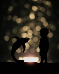 A captivating image depicting the silhouettes of a sea creature and a child set against a beautifully blurred bokeh backgroun