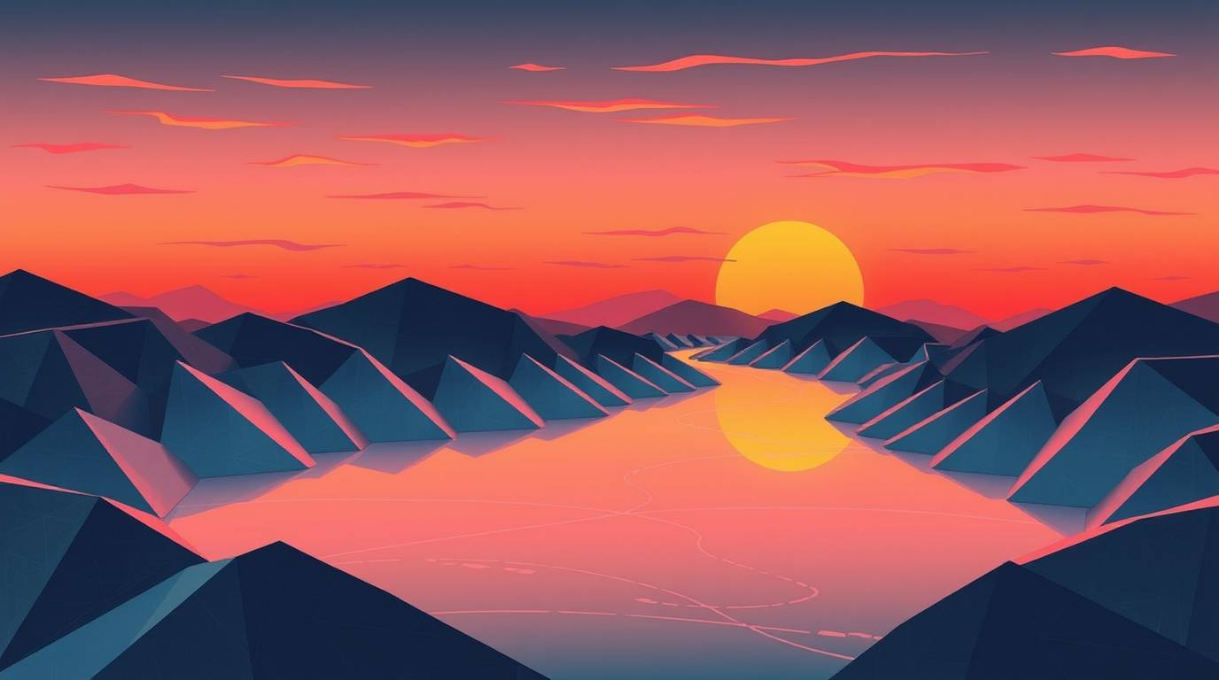 Experience the mesmerizing beauty of a winding river illuminated under a captivating orange-pink sky, rendered in an intricat