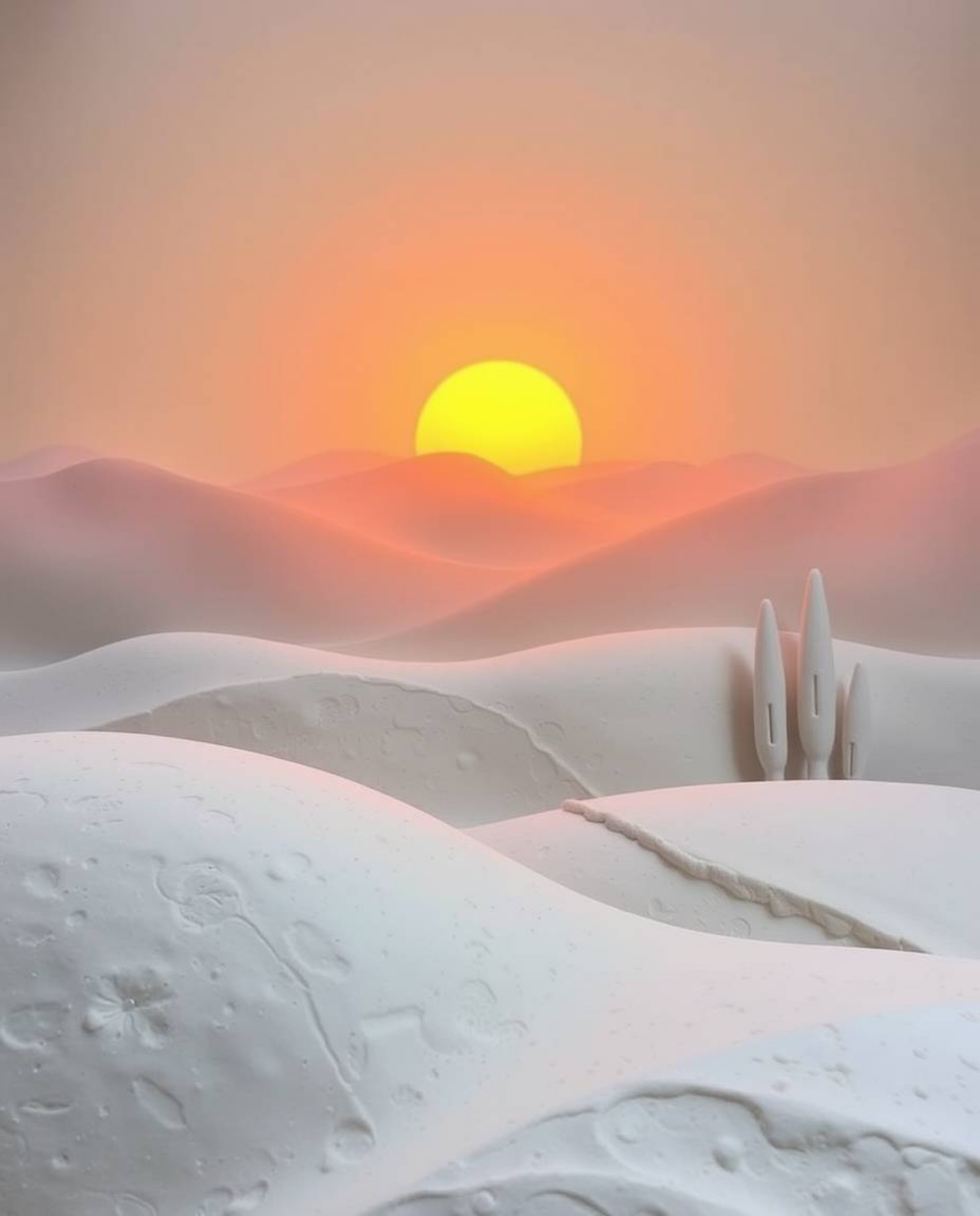 This is a sculptural clay art piece depicting a serene sunset over the misty, rolling hills of Tuscany. The artwork creates a