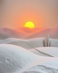 This is a sculptural clay art piece depicting a serene sunset over the misty, rolling hills of Tuscany. The artwork creates a