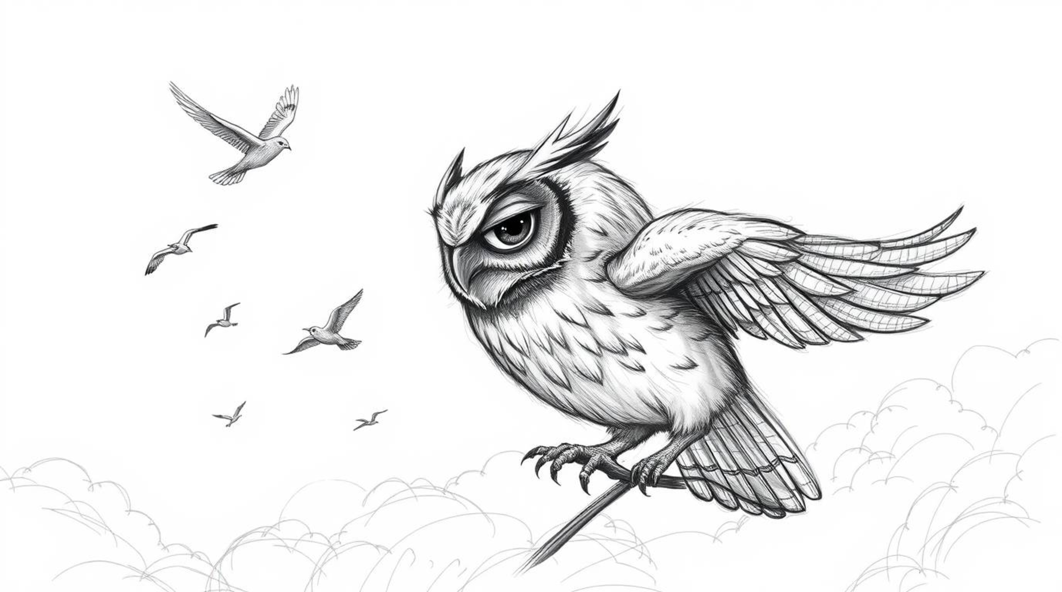 A captivating scene unfolds, rendered in a rough, textured pencil sketch reminiscent of Pixar's style. A blind owl, brimming 