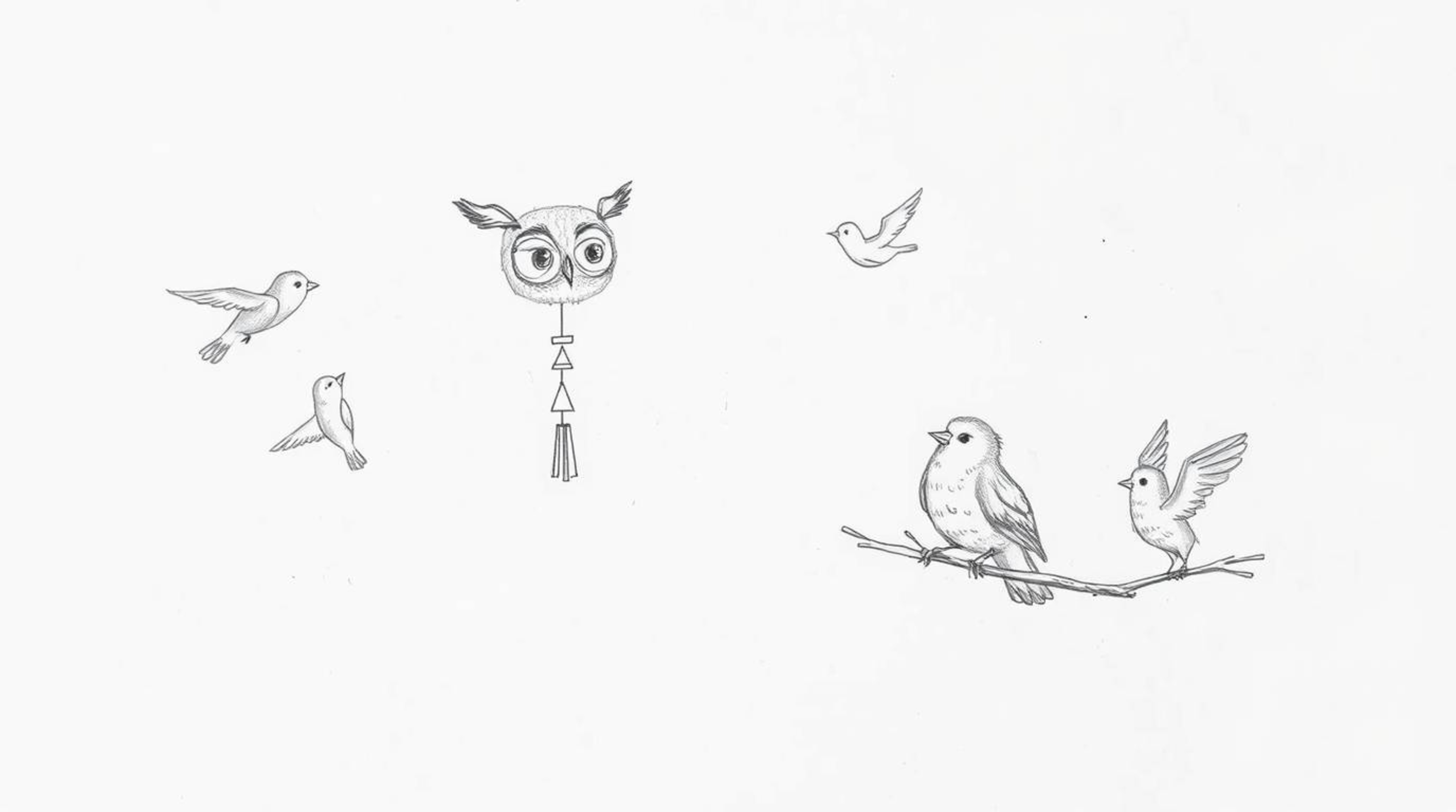 A charming hand-drawn sketch in the style of Pixar depicts a blind owl ingeniously teaching birds to fly. Using wind chimes a
