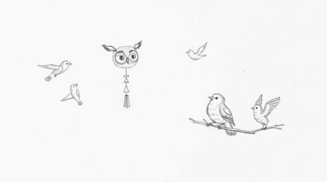 A charming hand-drawn sketch in the style of Pixar depicts a blind owl ingeniously teaching birds to fly. Using wind chimes a