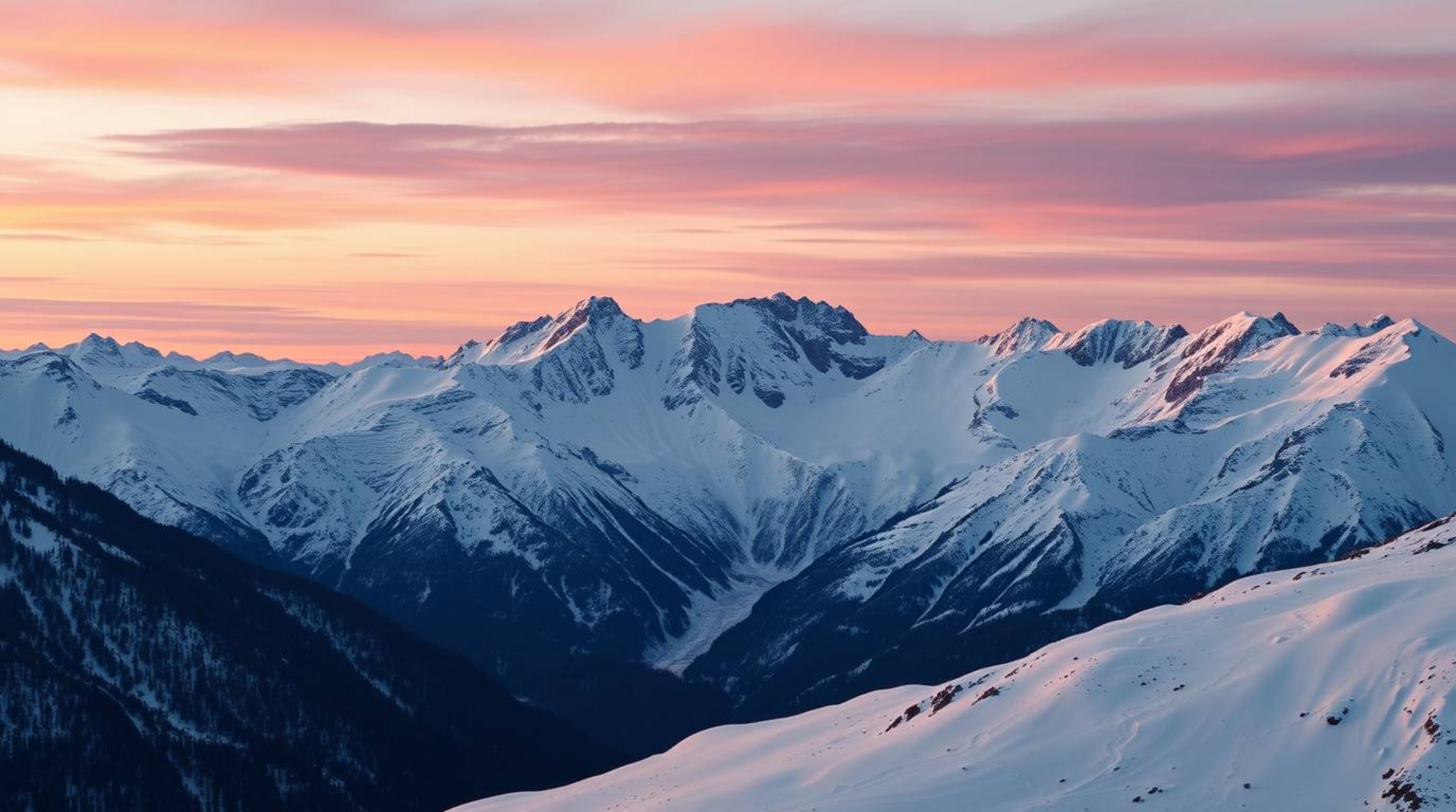 High-resolution stock photography showcasing snow-covered mountains illuminated by a pastel sunset, rendered in intense jet b