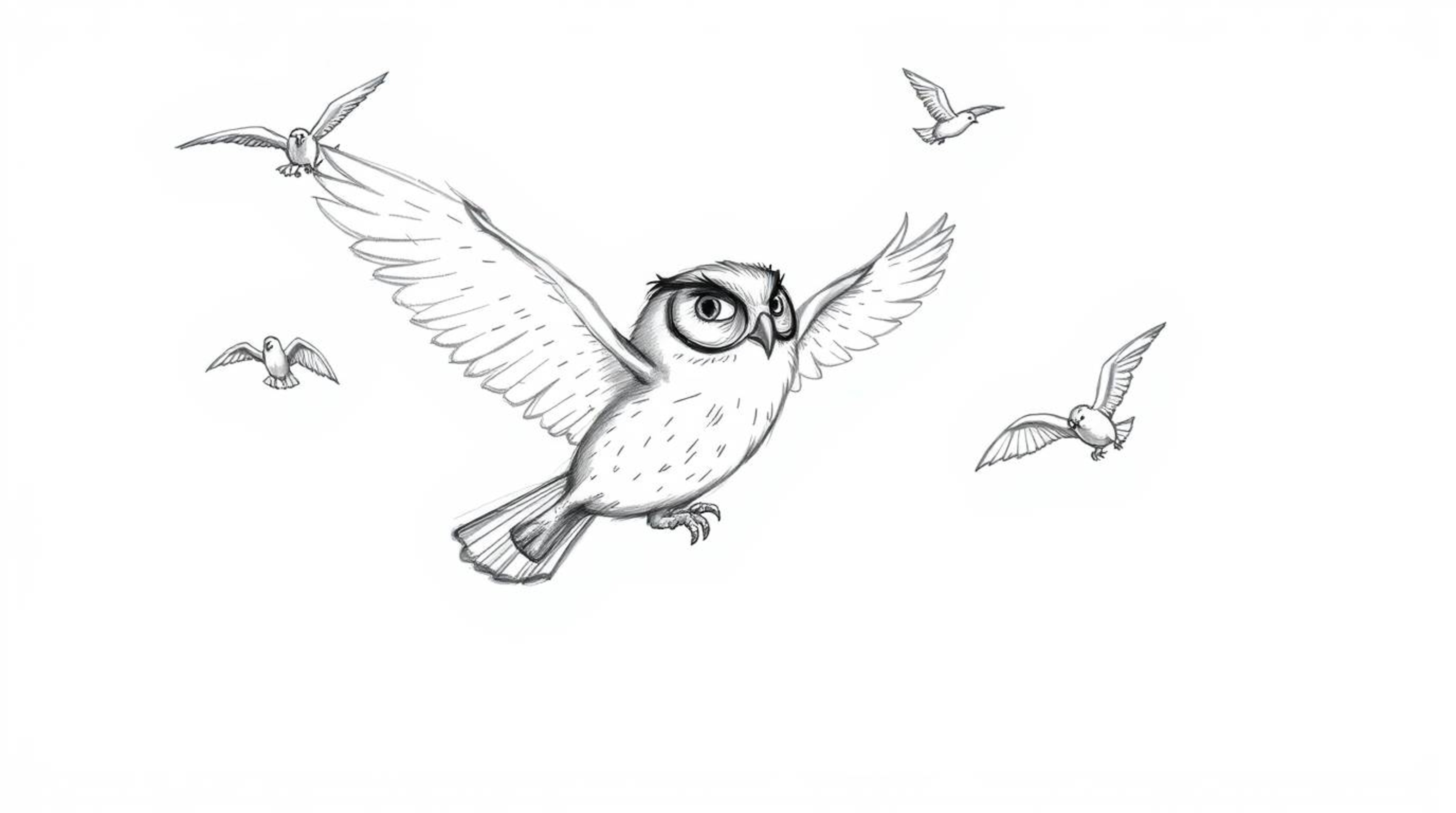 A heartwarming hand-drawn sketch in the style of Pixar depicts a blind owl magically teaching birds to fly.  The owl, sketche