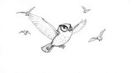 A heartwarming hand-drawn sketch in the style of Pixar depicts a blind owl magically teaching birds to fly.  The owl, sketche