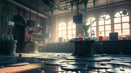Explore a dreamlike and surreal rendition of a slime-covered science lab bathed in gentle, soft light. Diffused shadows subtl