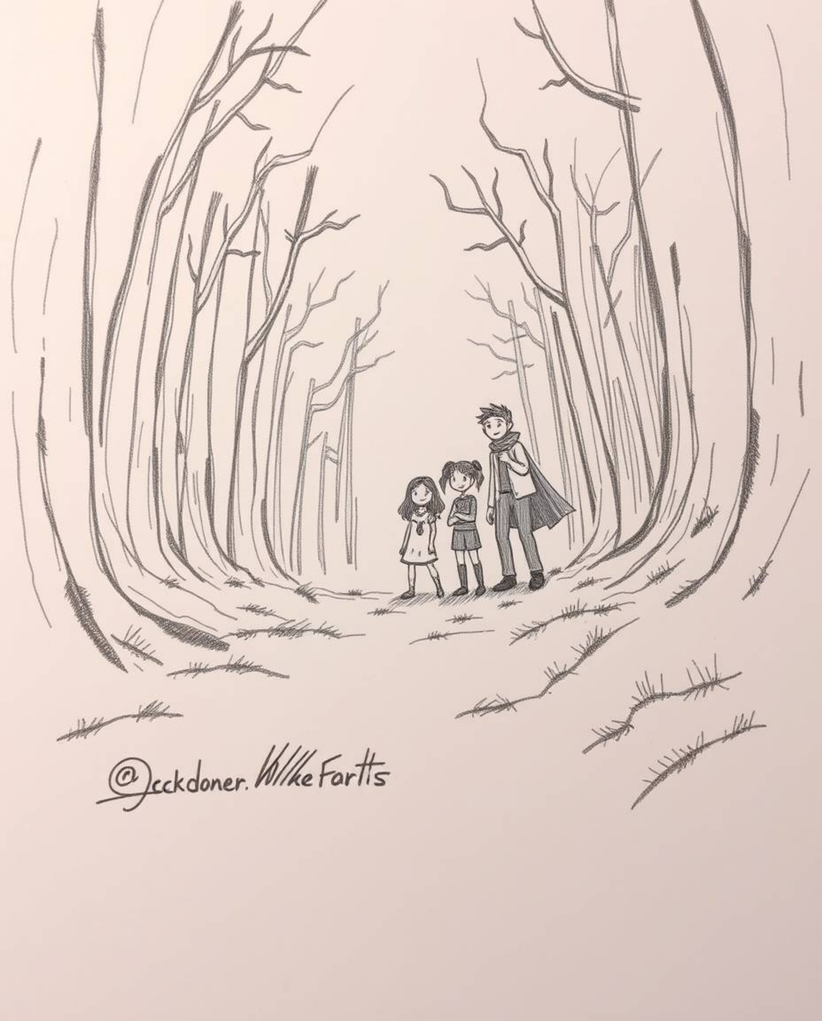A captivating hand-drawn sketch depicts a group of friends, each possessing unique powers, venturing into a mysterious forest