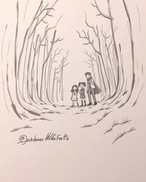 A captivating hand-drawn sketch depicts a group of friends, each possessing unique powers, venturing into a mysterious forest