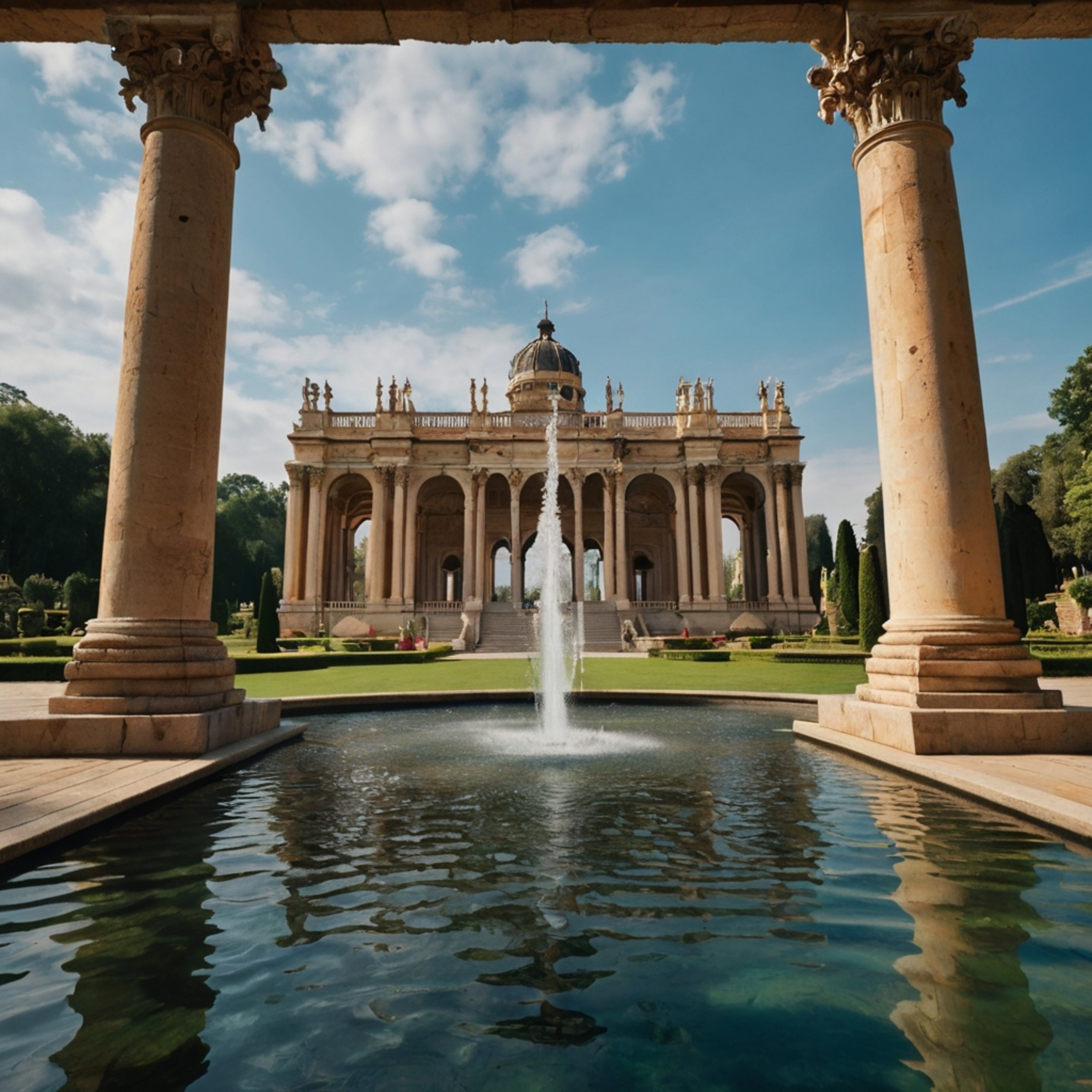 Explore a magnificent historical palace featuring grand pillars, expansive gardens, and stunning fountains that gracefully ad