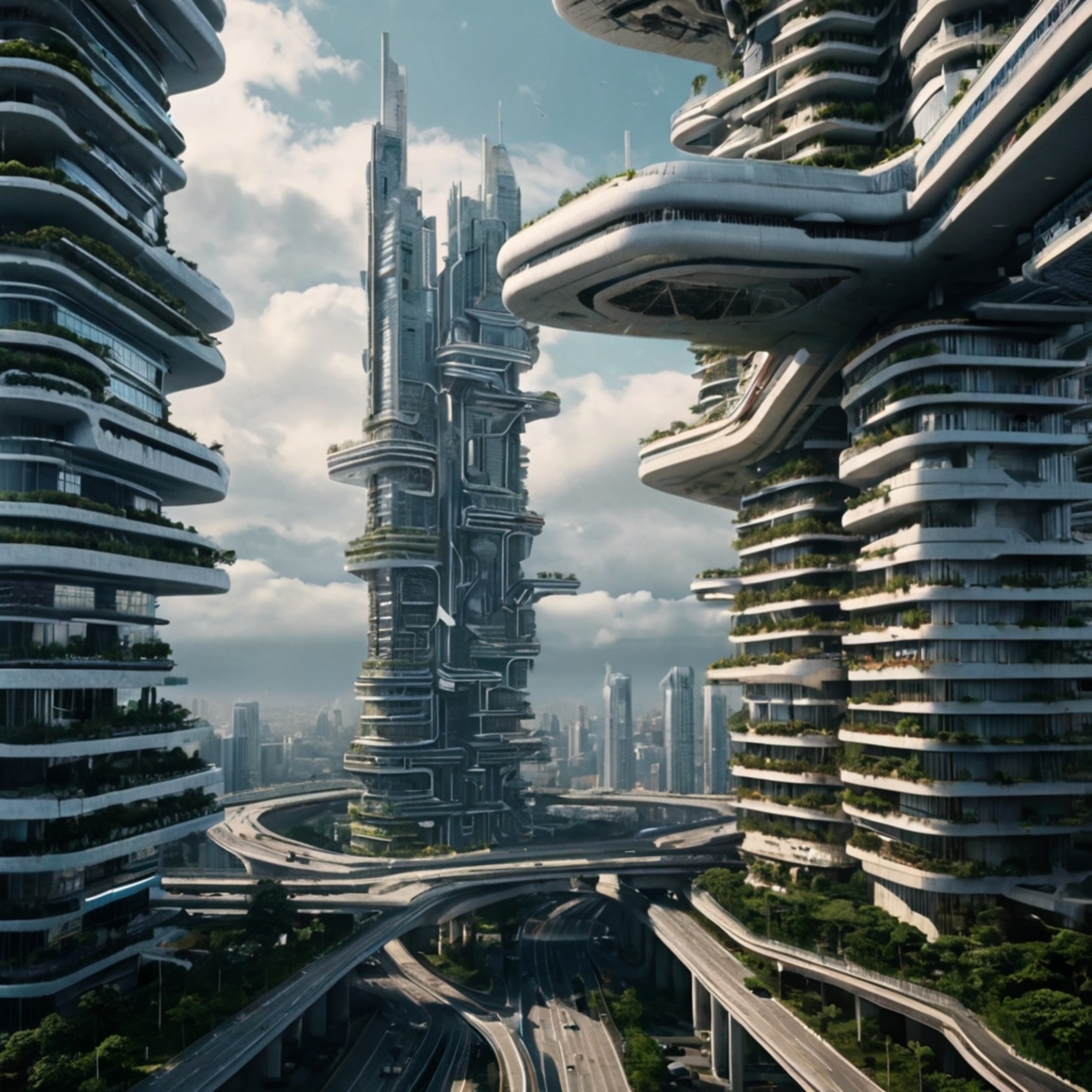 Imagine a breathtaking future where cities rise vertically, a testament to human ingenuity and architectural marvel.  This vi