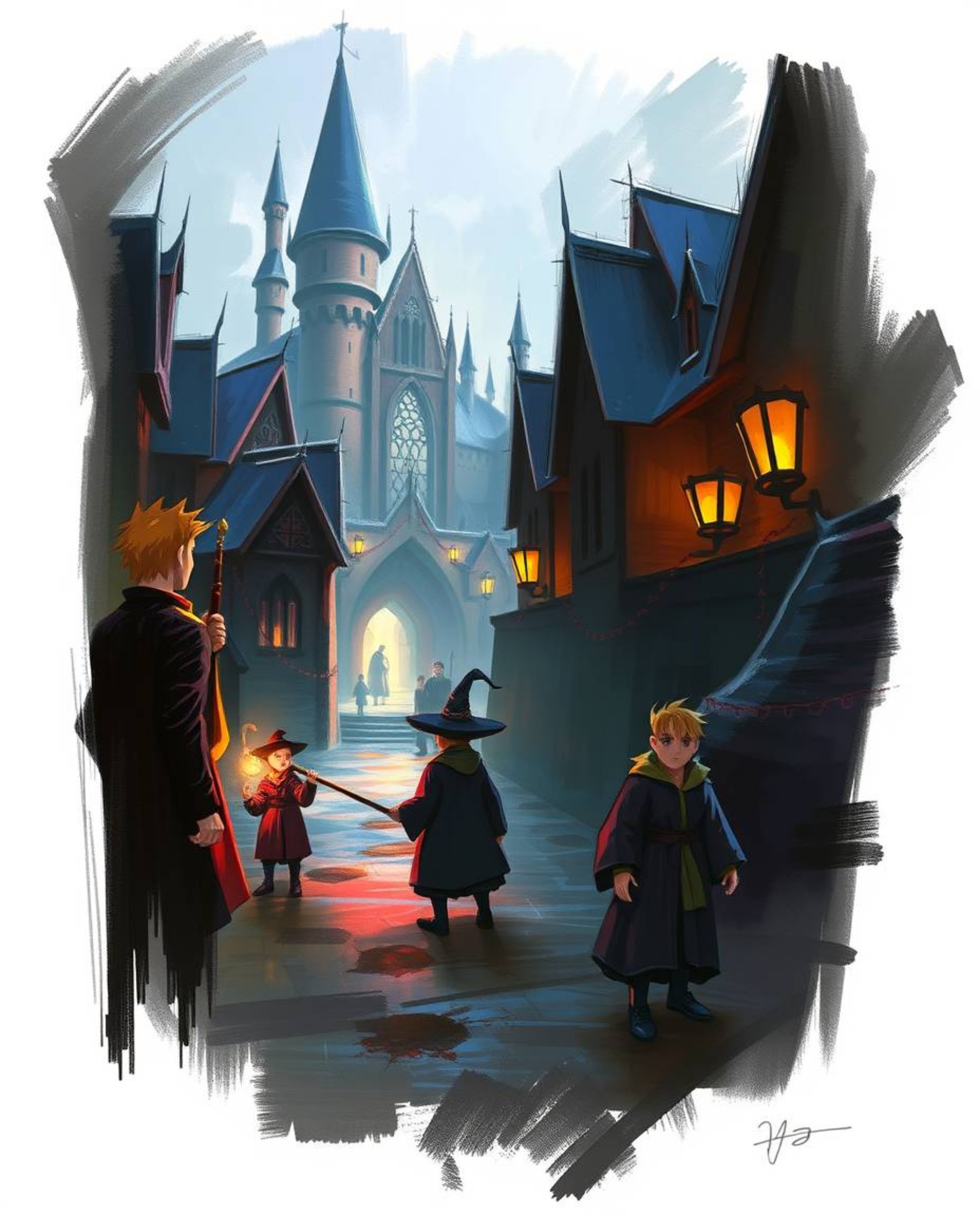 A dynamic digital sketch portraying a magical school brimming with young wizards, rendered using loose, painterly strokes and