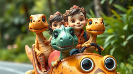This high-resolution stock photo captures the charm of a prehistoric family with large eyes and round faces, joyfully riding 