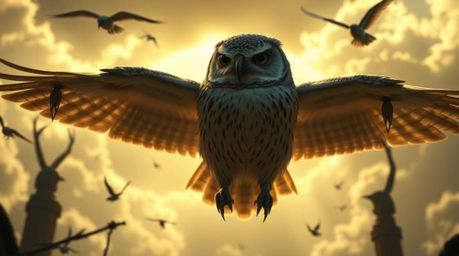 Experience a dreamlike and surreal world where a blind owl, rendered in Pixar's signature style, guides birds to take flight.