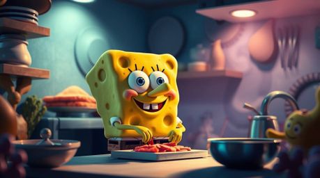 A whimsical scene depicting a sponge character diligently cooking in an underwater kitchen, bathed in gentle, soft light that