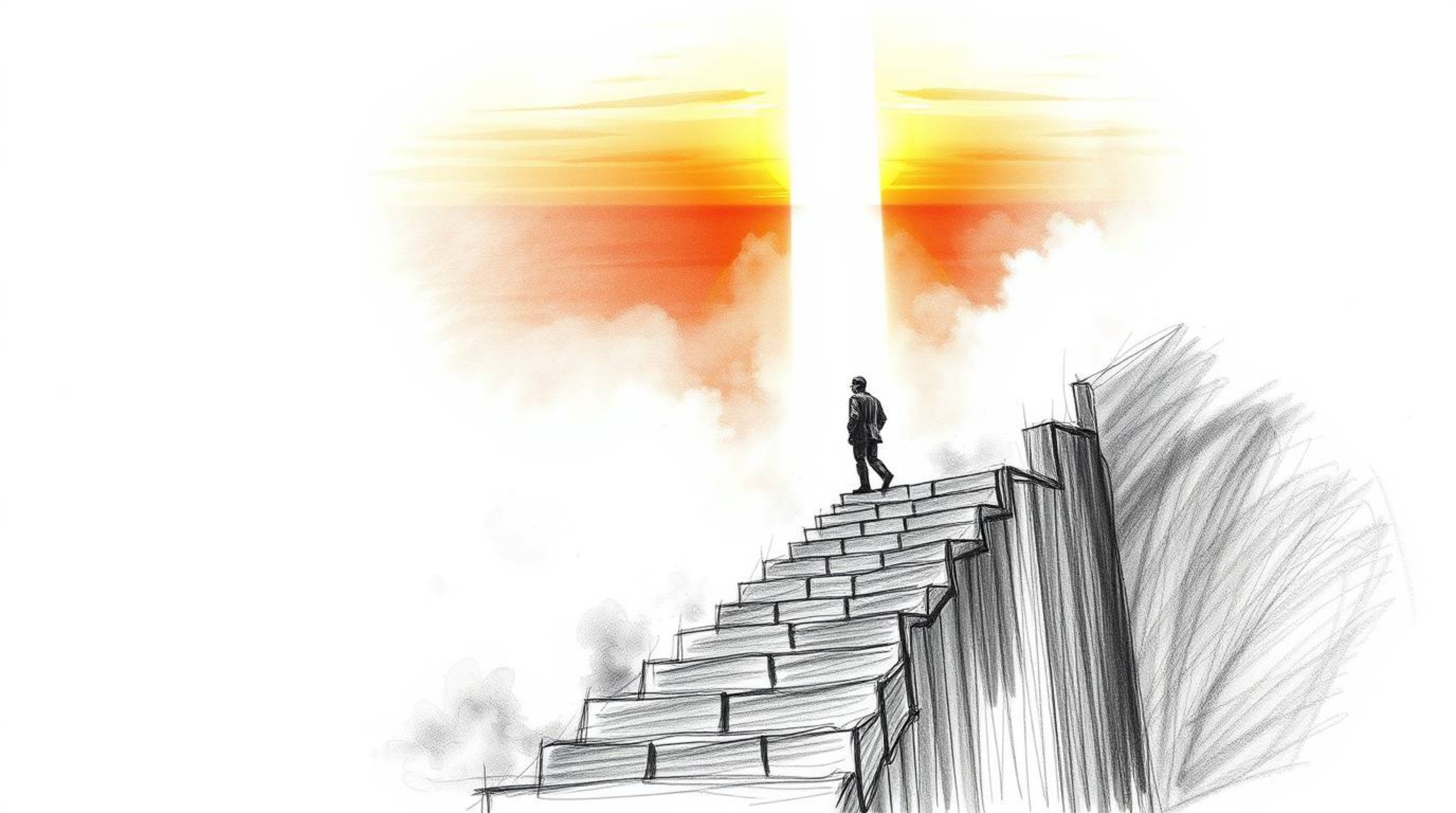 A hand-drawn sketch depicts a lone figure ascending a stone staircase bathed in volumetric lighting, striving towards a divin