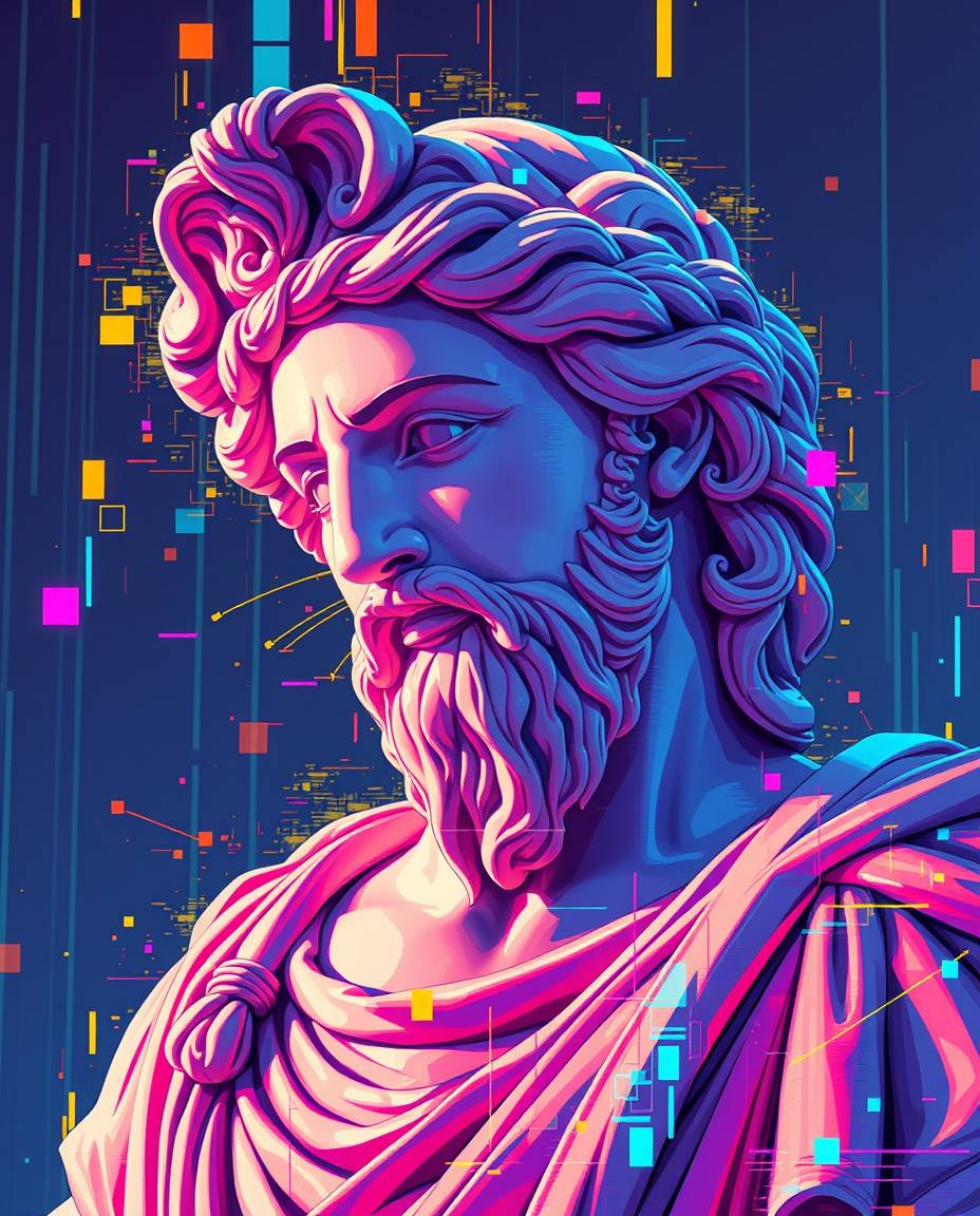 This artwork presents a captivating fusion of classical sculpture and Isekai anime aesthetics, accentuated by a vibrant glitc
