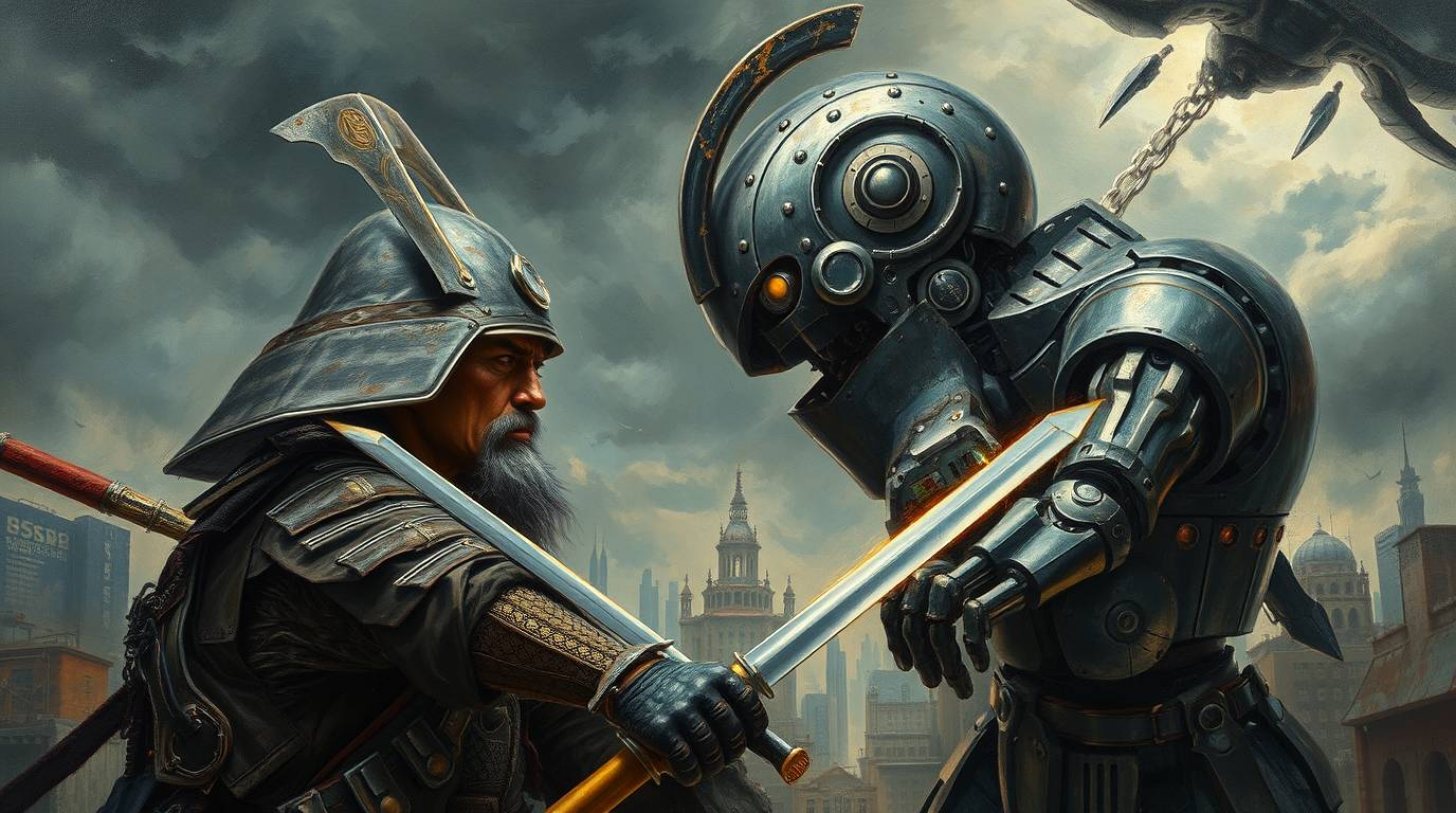Experience a surreal oil painting depicting a dramatic battle between a weathered samurai and an imposing robot within a dyst