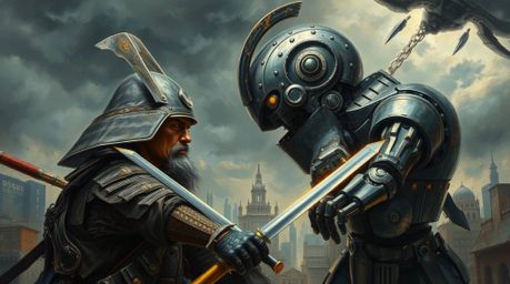Experience a surreal oil painting depicting a dramatic battle between a weathered samurai and an imposing robot within a dyst