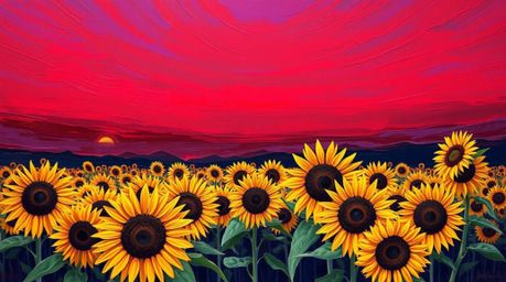 Experience the radiant luxury of this bold acrylic painting depicting a sunflower field bathed in the deep red and purple hue