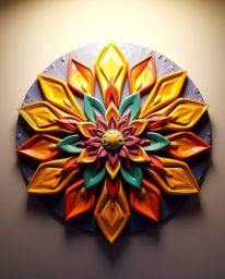 Discover stunning sculptural clay art featuring a geometric floral mandala.  This vibrant piece boasts a symmetrical design, 