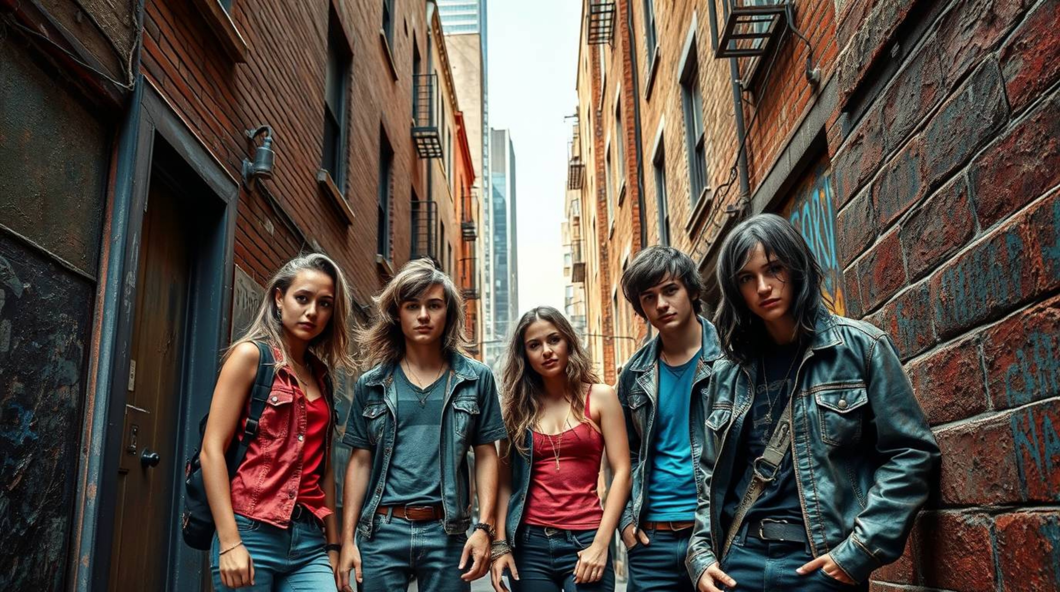 This photograph captures a grungy city alley scene featuring rebellious teens depicted in a cast bronze style. The image boas