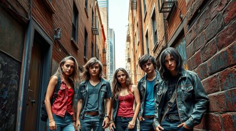 This photograph captures a grungy city alley scene featuring rebellious teens depicted in a cast bronze style. The image boas