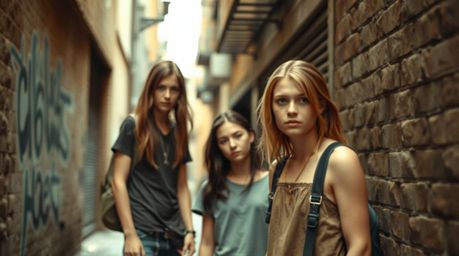 A captivating image capturing the raw energy of rebellious teens in a grungy city alley. The photograph features natural eart