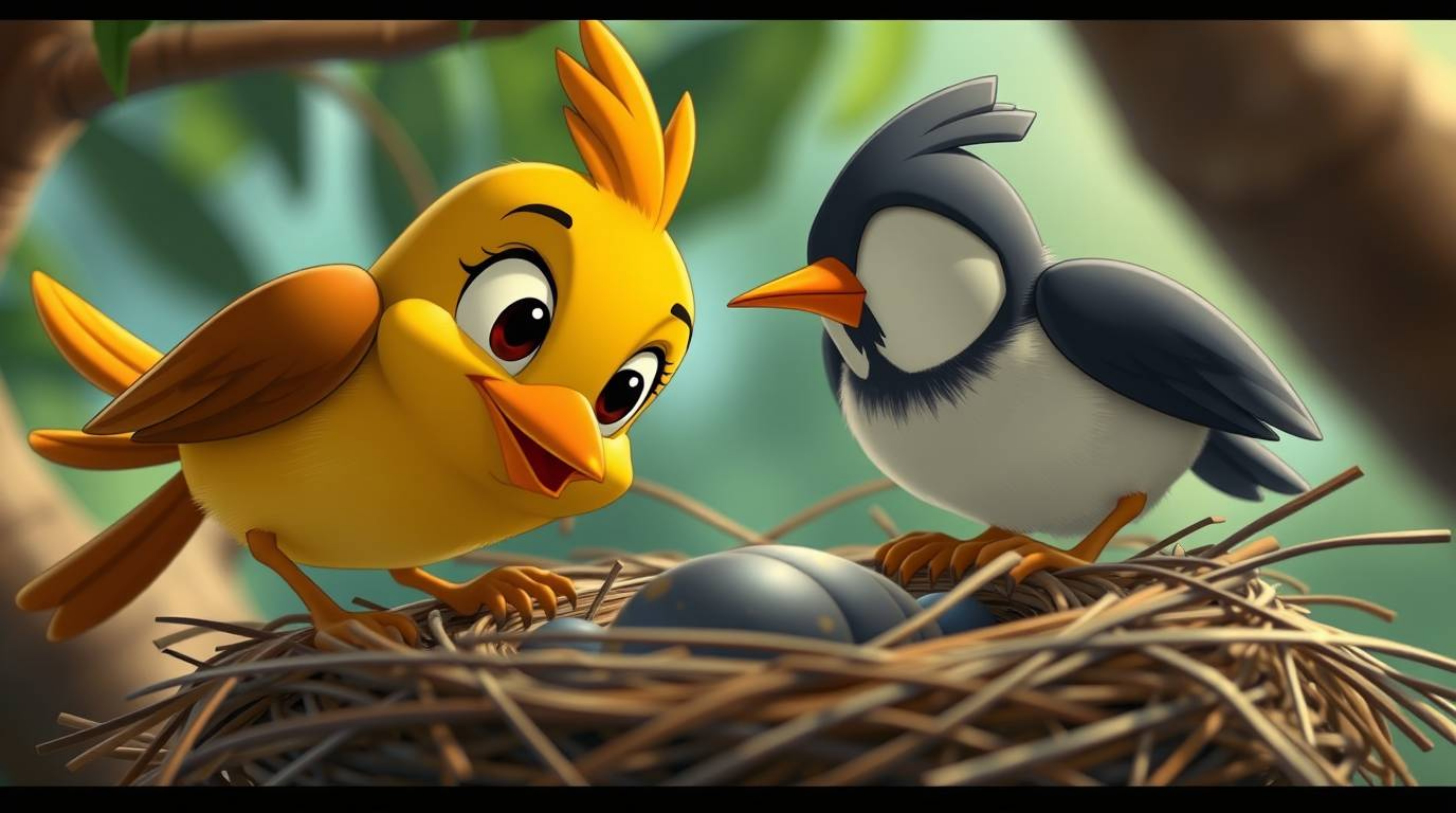 This captivating image features an extreme macro close-up of two cartoon birds diligently building their nest, rendered in a