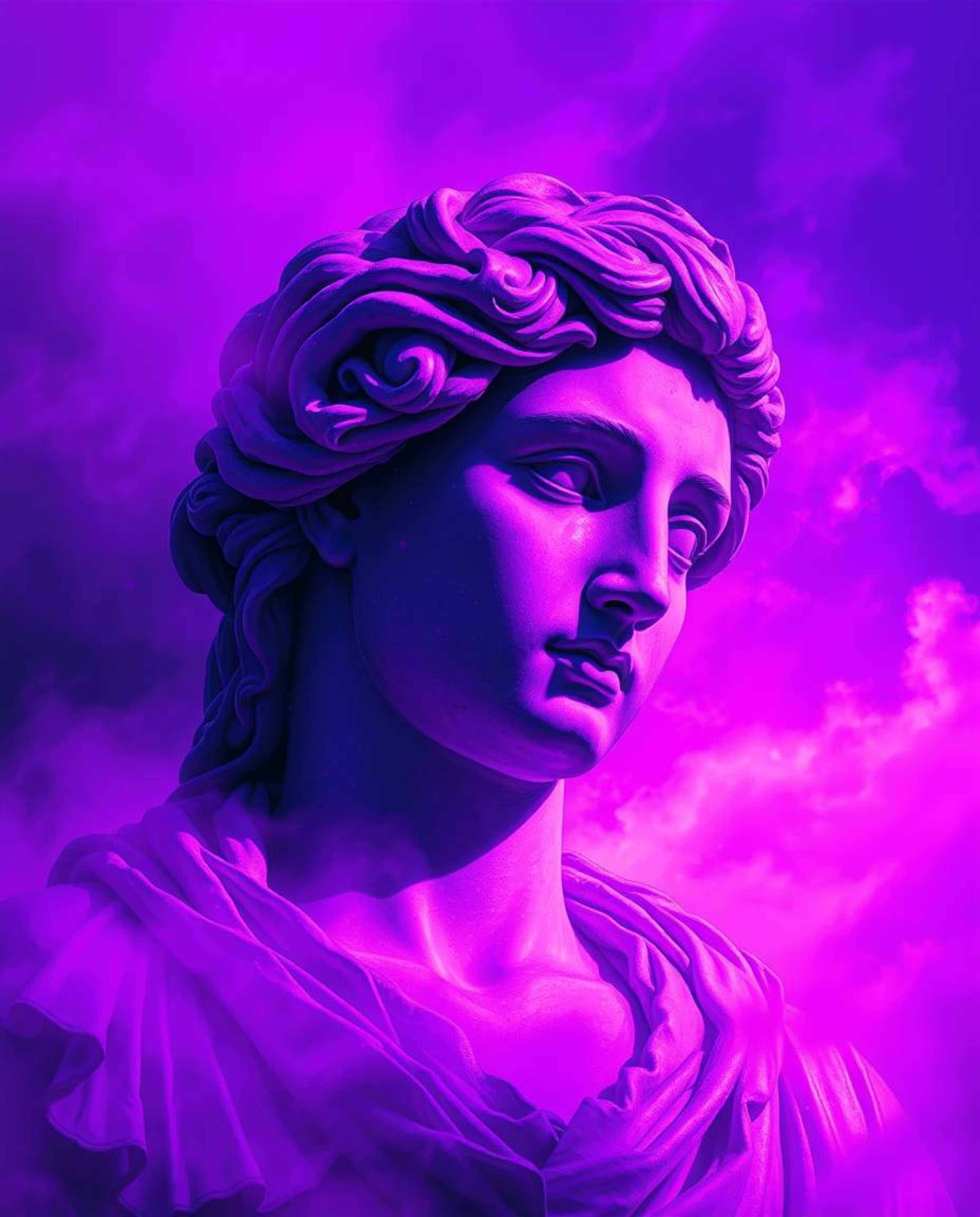 A dreamy digital painting showcases a classical sculpture infused with a vibrant glitch effect. Deep ultraviolet hues and sof