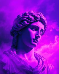 A dreamy digital painting showcases a classical sculpture infused with a vibrant glitch effect. Deep ultraviolet hues and sof