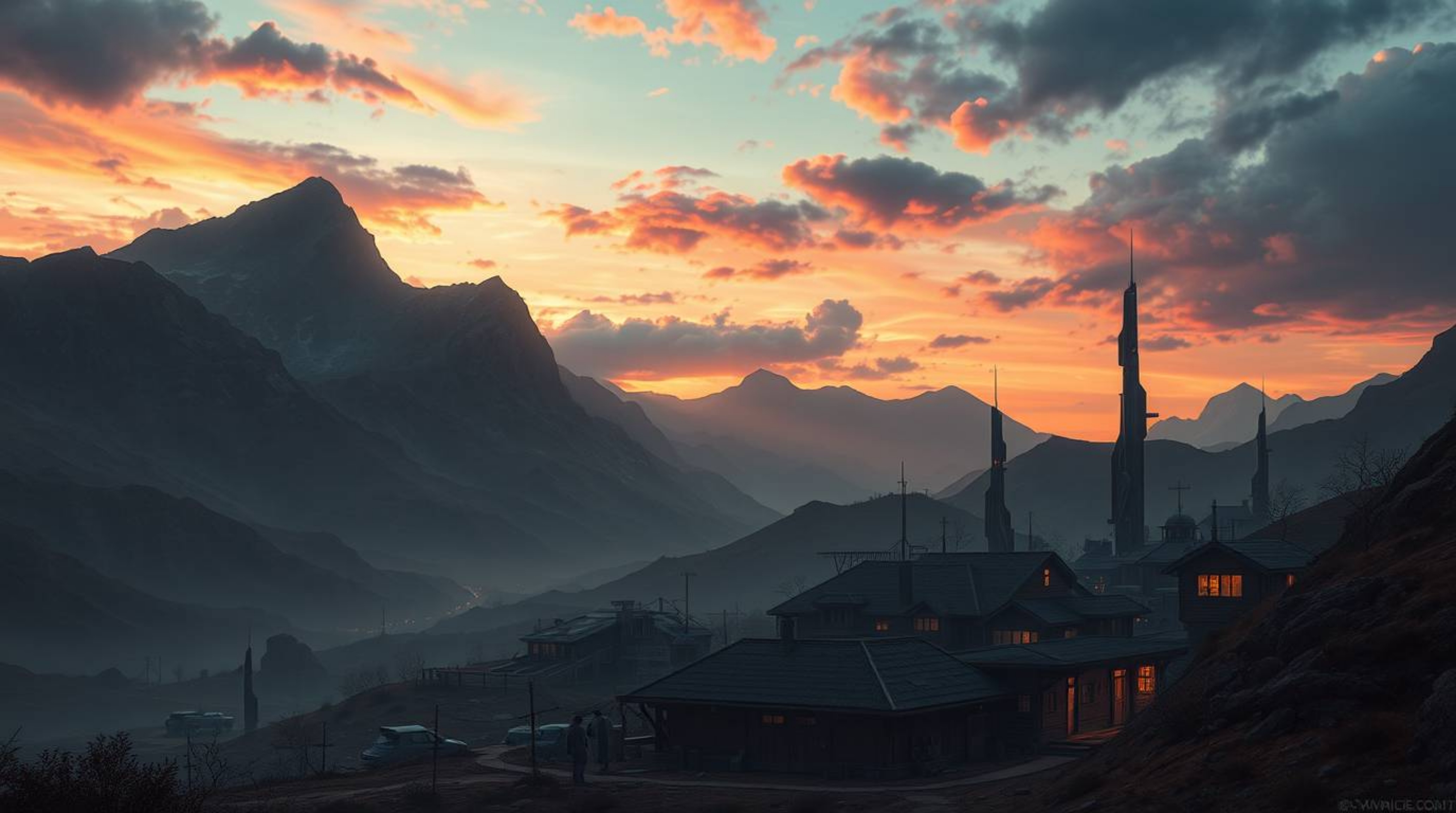 Escape to a futuristic, cozy village nestled in a vibrant valley under a colorful sky. This captivating scene blends advanced
