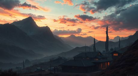 Escape to a futuristic, cozy village nestled in a vibrant valley under a colorful sky. This captivating scene blends advanced