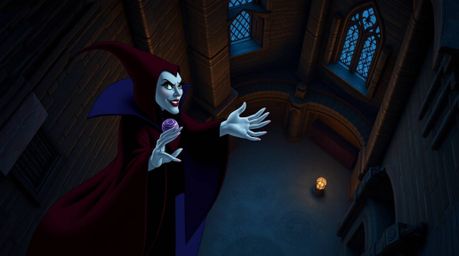 A captivating image of a classic Disney villain casting a spell within the imposing walls of an old castle.  The high-angle p
