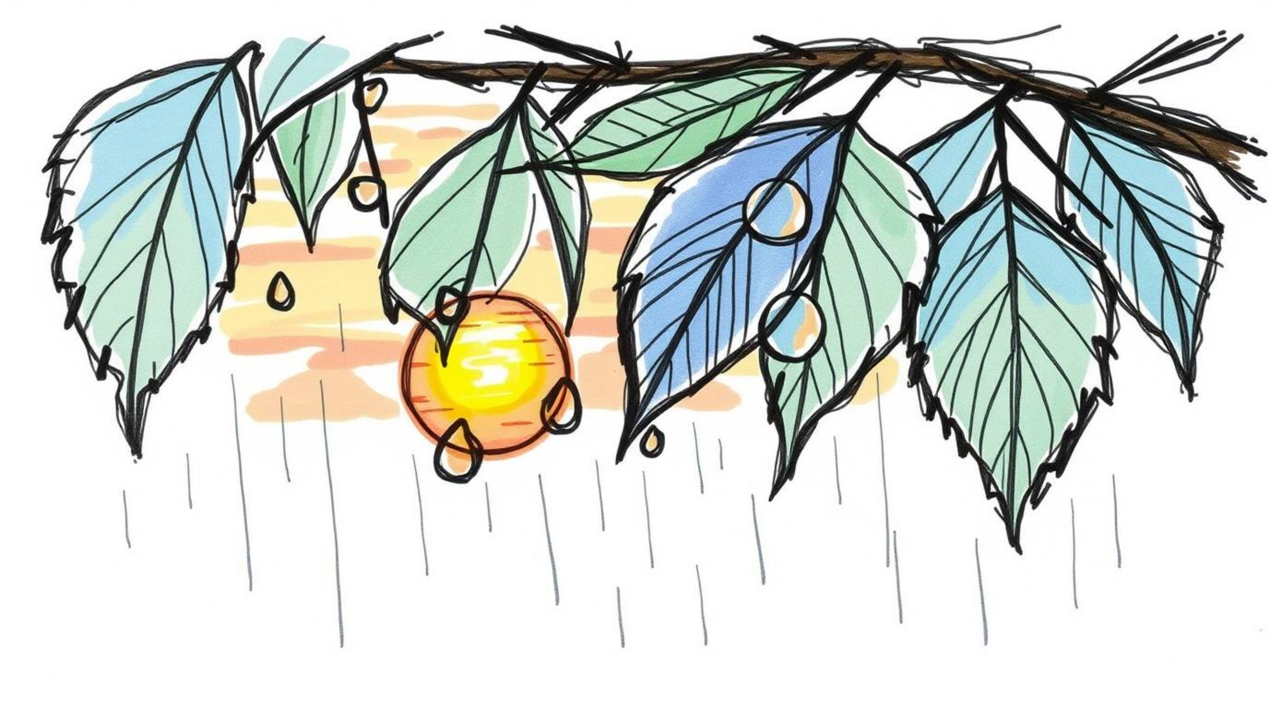 A hand-drawn sketch capturing a vibrant sunset reflecting beautifully in raindrops clinging to leaves. Executed in a color sk