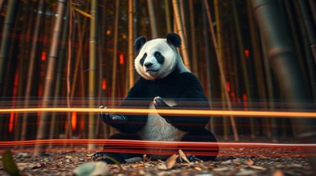 Witness the serenity of a martial artist panda in deep meditation within a lush bamboo forest captured through stunning long 