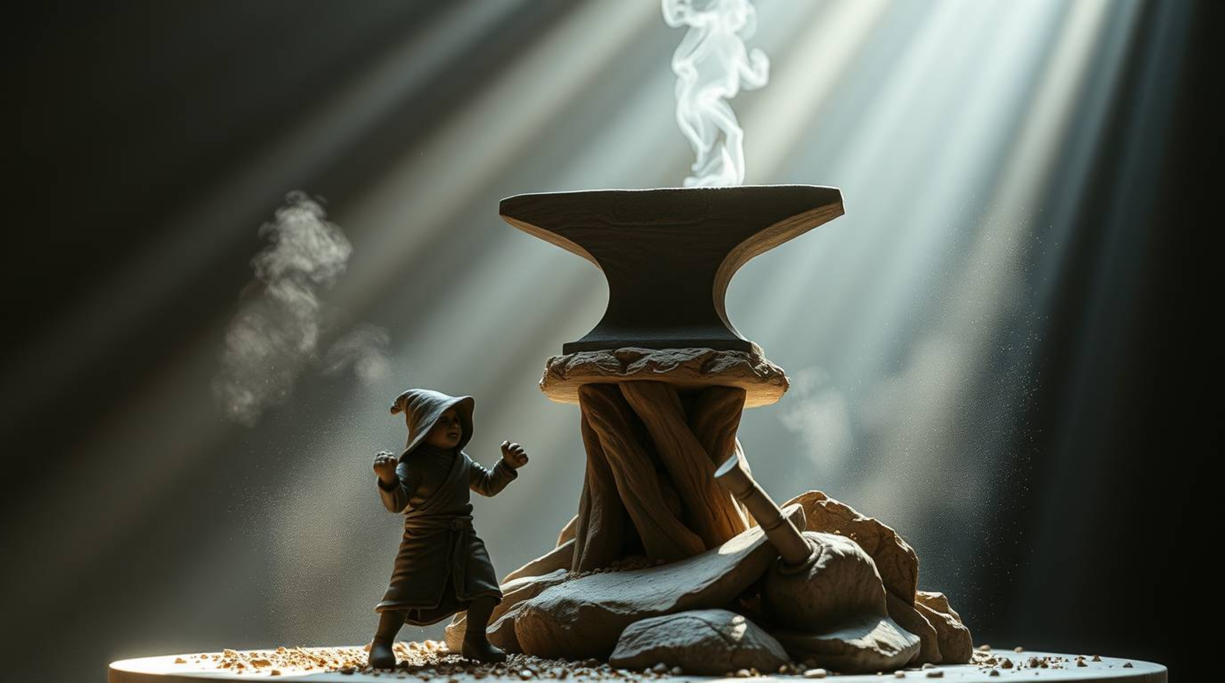 A visually striking sculptural clay artwork depicts an anvil poised to drop on a trickster character. The scene utilizes volu