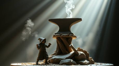 A visually striking sculptural clay artwork depicts an anvil poised to drop on a trickster character. The scene utilizes volu